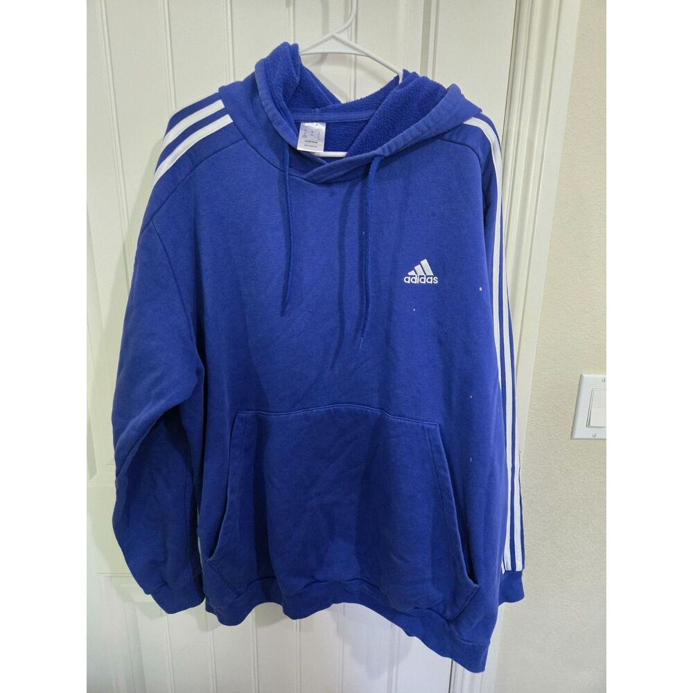 Adidas Men’s 2XL Blue 3-Stripes Pullover Hoodie Sweatshirt Logo Kangaroo Pocket